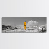 Yellow Suit, Surreal Desert, Lone Wanderer, Conceptual Art — Framed Canvas Print, Modern Art, Office Decor, Minimalist Statement Piece