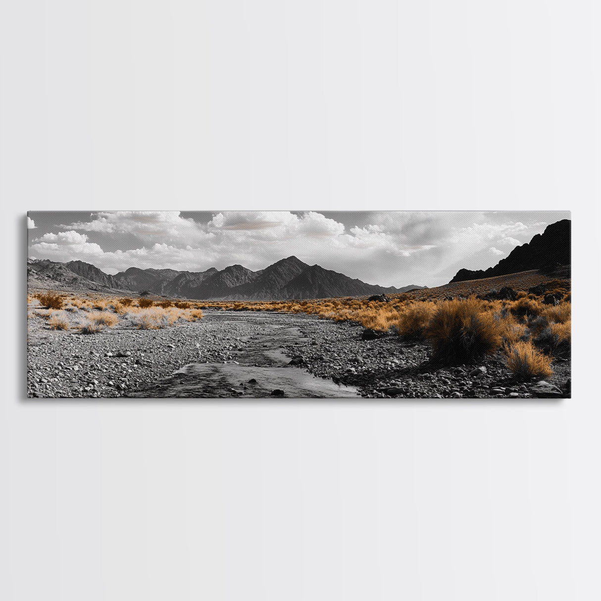Desert Creek, Rugged Mountains, Golden Shrubs, Nature Path — Framed Canvas Print, Autumn Wall Decor, Rustic Office Art, Landscape Canvas