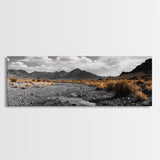 Desert Creek, Rugged Mountains, Golden Shrubs, Nature Path — Framed Canvas Print, Autumn Wall Decor, Rustic Office Art, Landscape Canvas