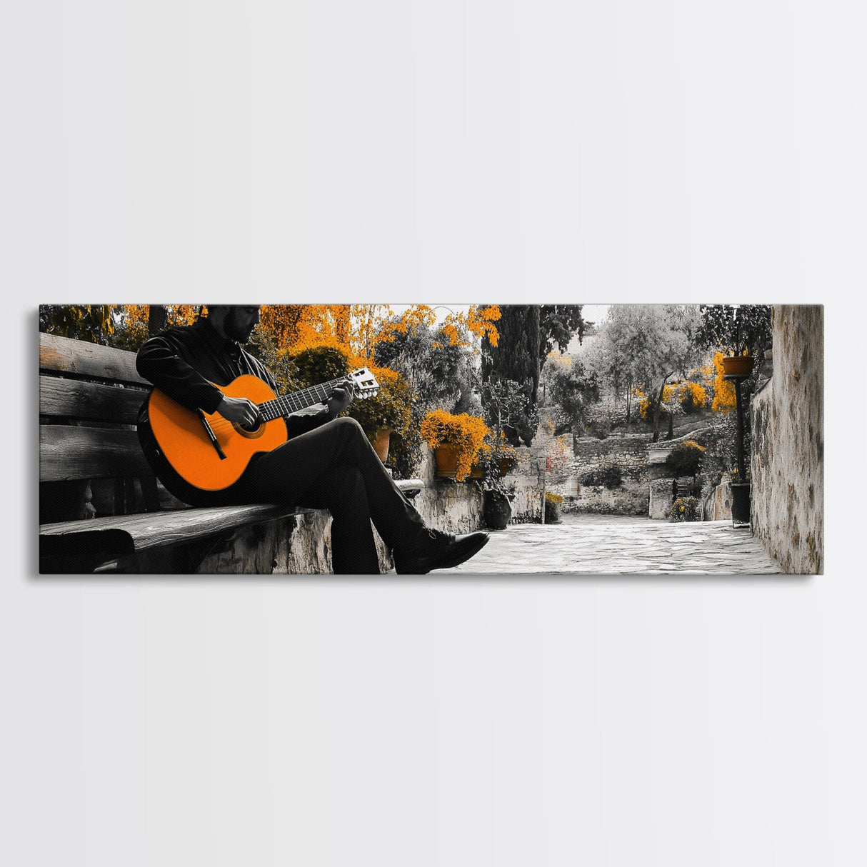 Spanish Guitar, Rustic Music Scene, Autumn Colors, Framed Canvas Print, Fall Wall Art, Living Room Decor, Folk Art, Warm Rustic Charm