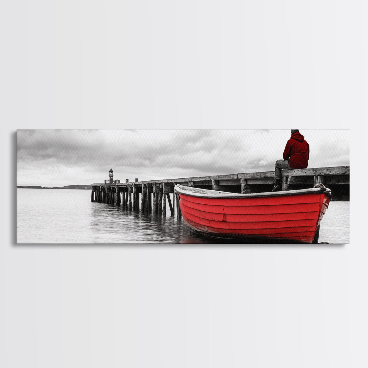 Red Boat Dock, Lonely Harbor View, Seaside Silence, Framed Canvas Print, Nautical Wall Art, Beach House Decor, Moody Coastal Vibes