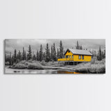 Yellow Cabin, Forest River View, Wilderness Retreat, Framed Canvas Print, Rustic Wall Art, Lodge Decor, Cozy Nature Landscape Style