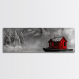 Red Cabin in Fog, Mountain Lake Boat House, Canvas Print, Winter Lodge Wall Art, Moody Nature Decor, Black and White Landscape Art