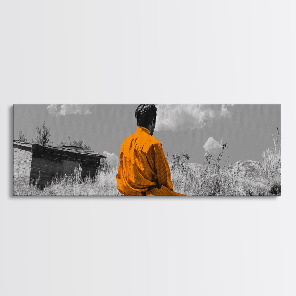 Solitude in Nature, Orange Robe Figure, Mindful Meditation Scene, Canvas Print, Boho Landscape, Zen Room Wall Art, Office Wall Decor