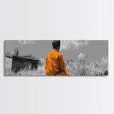 Solitude in Nature, Orange Robe Figure, Mindful Meditation Scene, Canvas Print, Boho Landscape, Zen Room Wall Art, Office Wall Decor