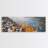 Colorful Pebble Shore, Vibrant Lake Stones, Blue Orange Rocks, Framed Canvas Print, Boho Coastal Style, Bathroom Wall Art
