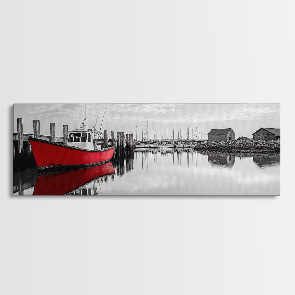 Red Fishing Boat, Harbor Reflection Scene, Calm Dockside Water, Framed Canvas Print, Nautical Art, Living Room Wall Decor