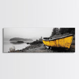 Yellow Rowboat Scene, Misty Coastal Landscape, Abandoned Boat Art, Framed Canvas Print, Rustic Nautical, Office Wall Art