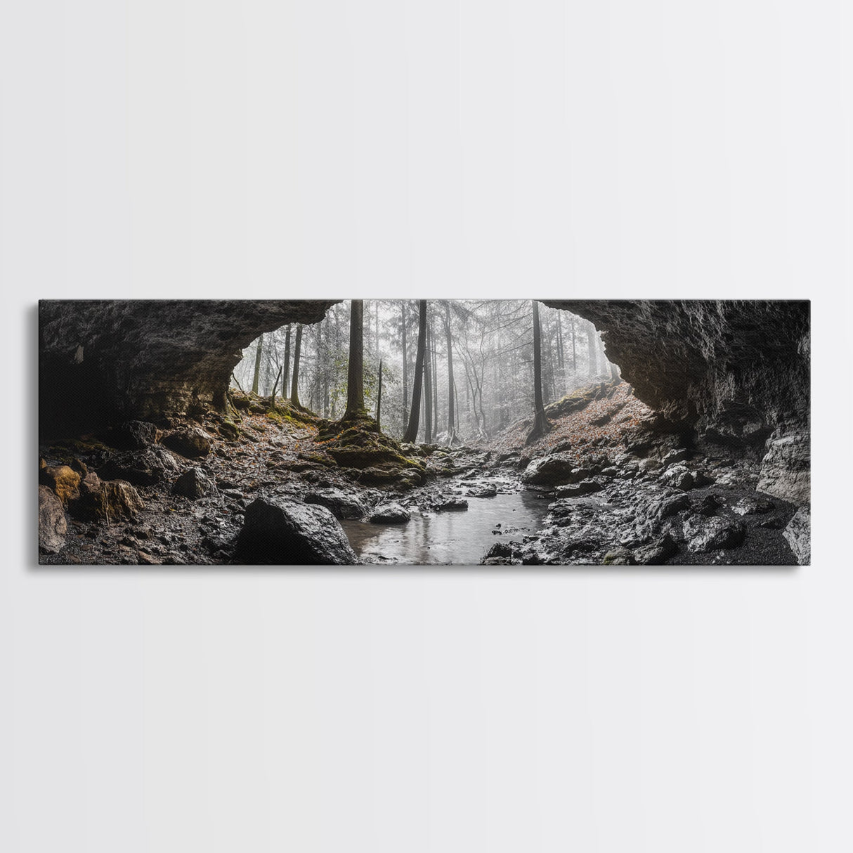 Forest Cave, Woodland Stream, Natural Light, Hidden Path, Framed Canvas Print, Cabin Wall Art, Rustic Decor, Adventure Photography
