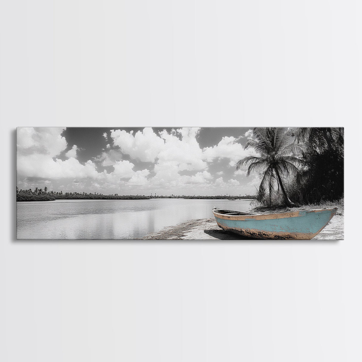 Tropical Boat, Deserted Beach, Palms and Clouds, Ocean Peace, Framed Canvas Print, Boho Wall Art, Bedroom Decor, Seaside Minimalism