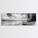 Tropical Boat, Deserted Beach, Palms and Clouds, Ocean Peace, Framed Canvas Print, Boho Wall Art, Bedroom Decor, Seaside Minimalism
