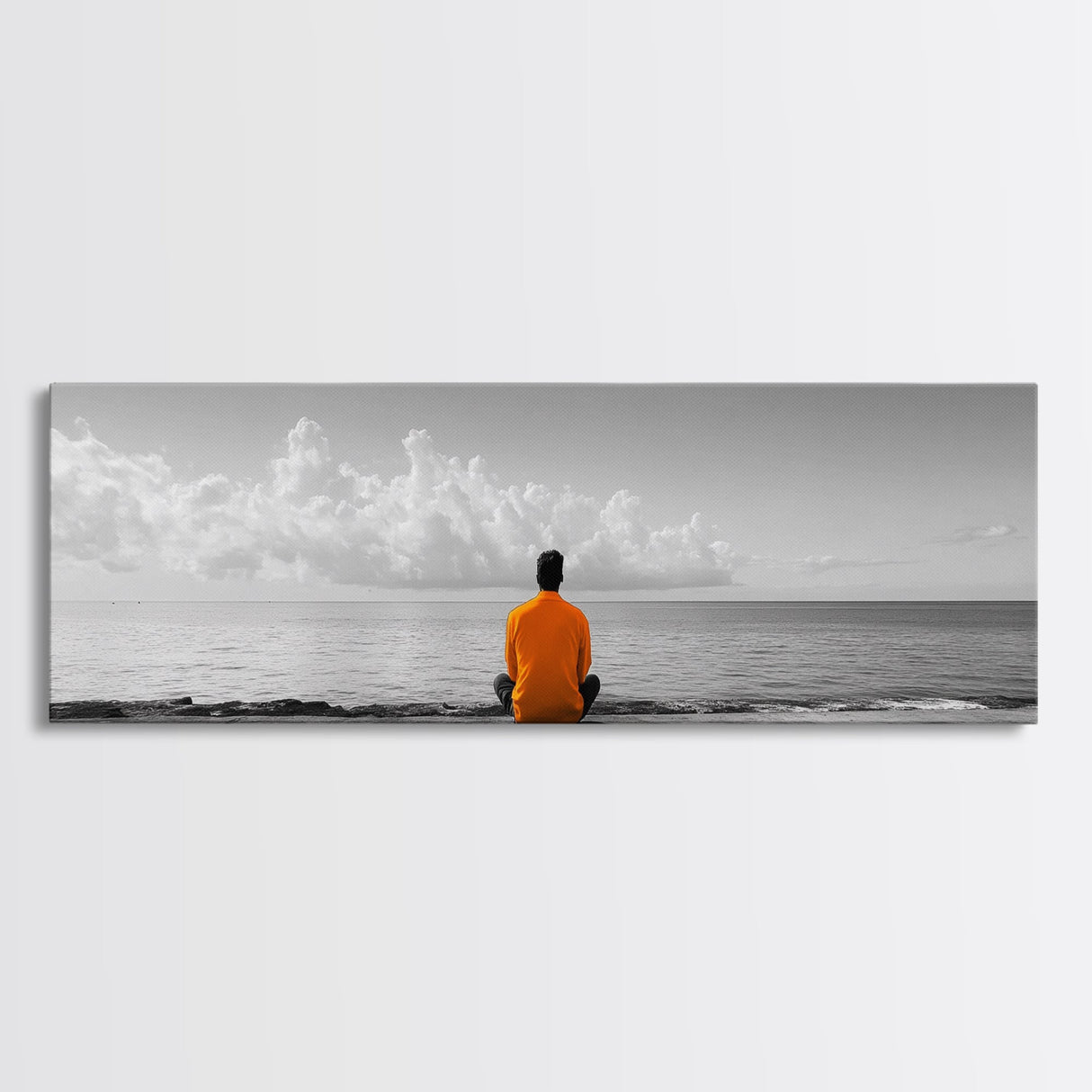 Orange Jacket, Solitude Man, Sea Gaze, Minimal Mood, Framed Canvas Print, Office Wall Art, Modern Decor, Reflective Photography