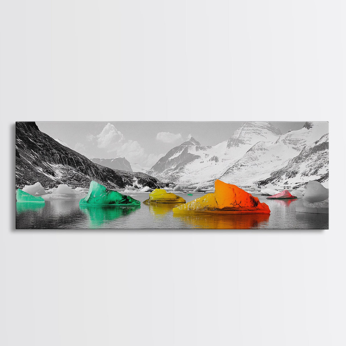 Rainbow Icebergs, Arctic View, Frozen Sea, Vibrant Chill, Framed Canvas Print, Kids Room Art, Surreal Landscape, Winter Fantasy