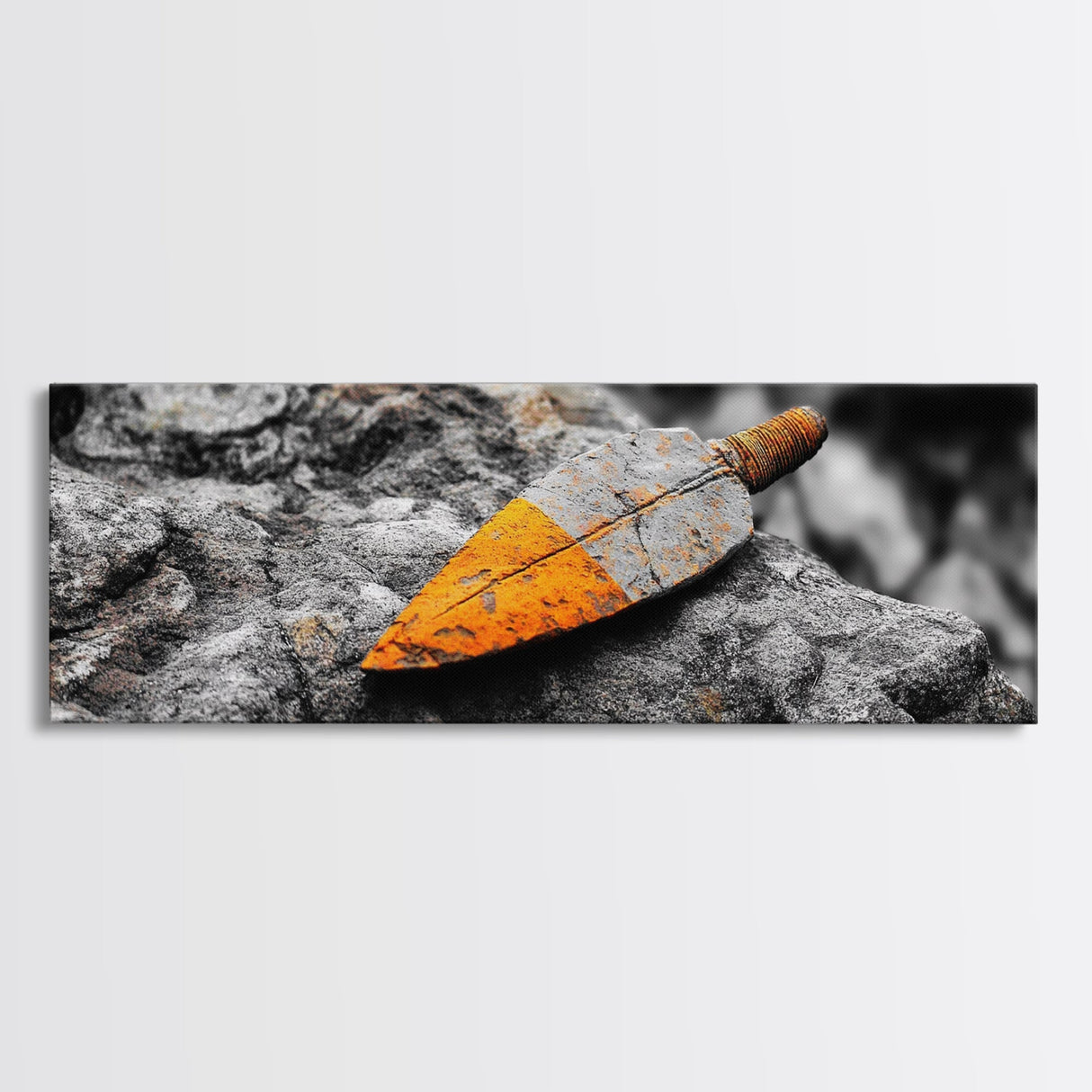 Tribal Blade, Ancient Weapon, Stone Texture, Orange Detail, Framed Canvas Print, Masculine Wall Art, Rustic Decor, Warrior Vibes