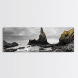 Sea Stacks, Rocky Shore, Golden Moss, Framed Canvas Print, coastal wall art, moody ocean print, beach house decor, nature photography