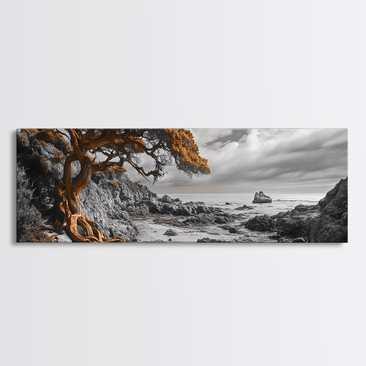 Twisted Tree, Rugged Coast, Autumn Forest, Framed Canvas Print, fall wall art, rustic nature print, living room decor, woodland landscape