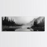 Foggy Pines, Mountain Reflection, Monochrome Wilderness, Canvas Print, black and white wall art, cabin decor, minimalist forest scene