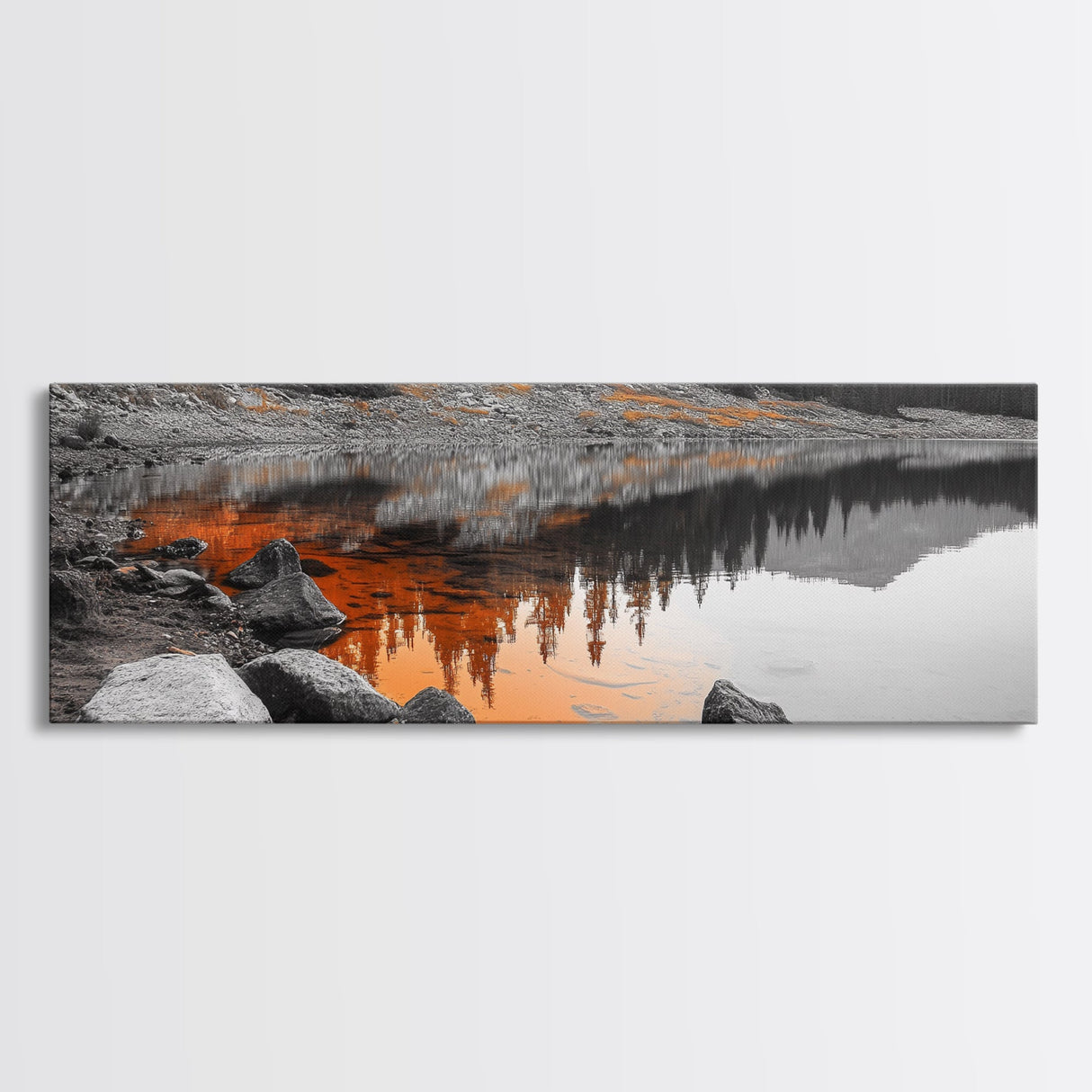 Orange Reflection Lake, Rocky Shoreline, Autumn Forest View, Canvas Print, Nature Photography, Rustic Wall Art, Cabin Living Room Decor