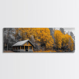 Fall Forest Cabin, Golden Autumn Trees, Riverside Retreat, Framed Canvas Print, Rustic Country Wall Art, Living Room Cabin Decor