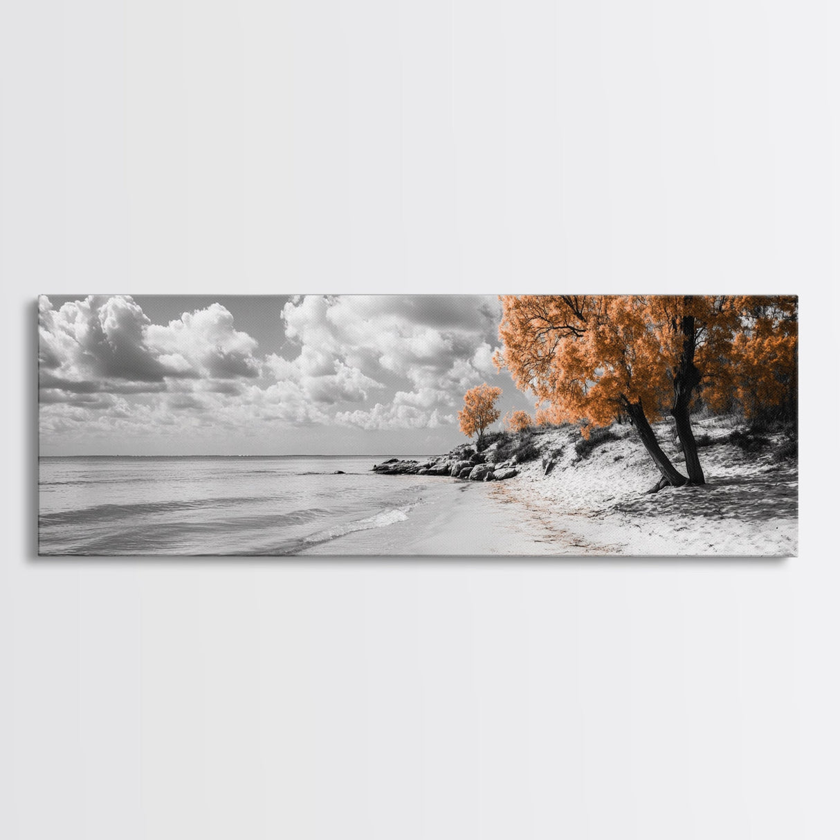 Sandy Beach Trees, Golden Autumn Coastline, Cloudy Sky Horizon, Canvas Print, Nature Coastal Art, Bathroom Wall Decor, Boho Fall Aesthetic