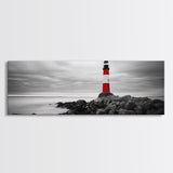 Lighthouse Coastline, Red Beacon, Stormy Sea, Black and White Landscape, Framed Canvas Print, Nautical Decor, Office Wall Art, Modern Style