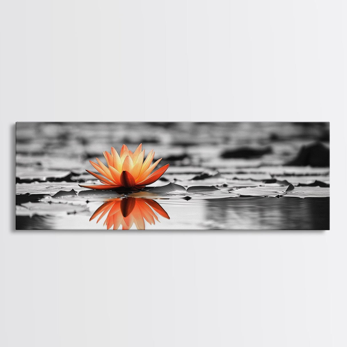 Tranquil Lotus, Zen Water, Orange Glow, Reflective Serenity, Framed Canvas Print, Bedroom Wall Art, Spa Decor, Boho Style, Meditation Vibe