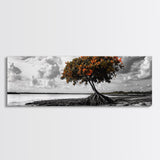 Mangrove Tree, Coastal Roots, Windswept Shore, Stormy Sky, Framed Canvas Print, Entryway Wall Art, Tropical Nature Art, Minimalist Style