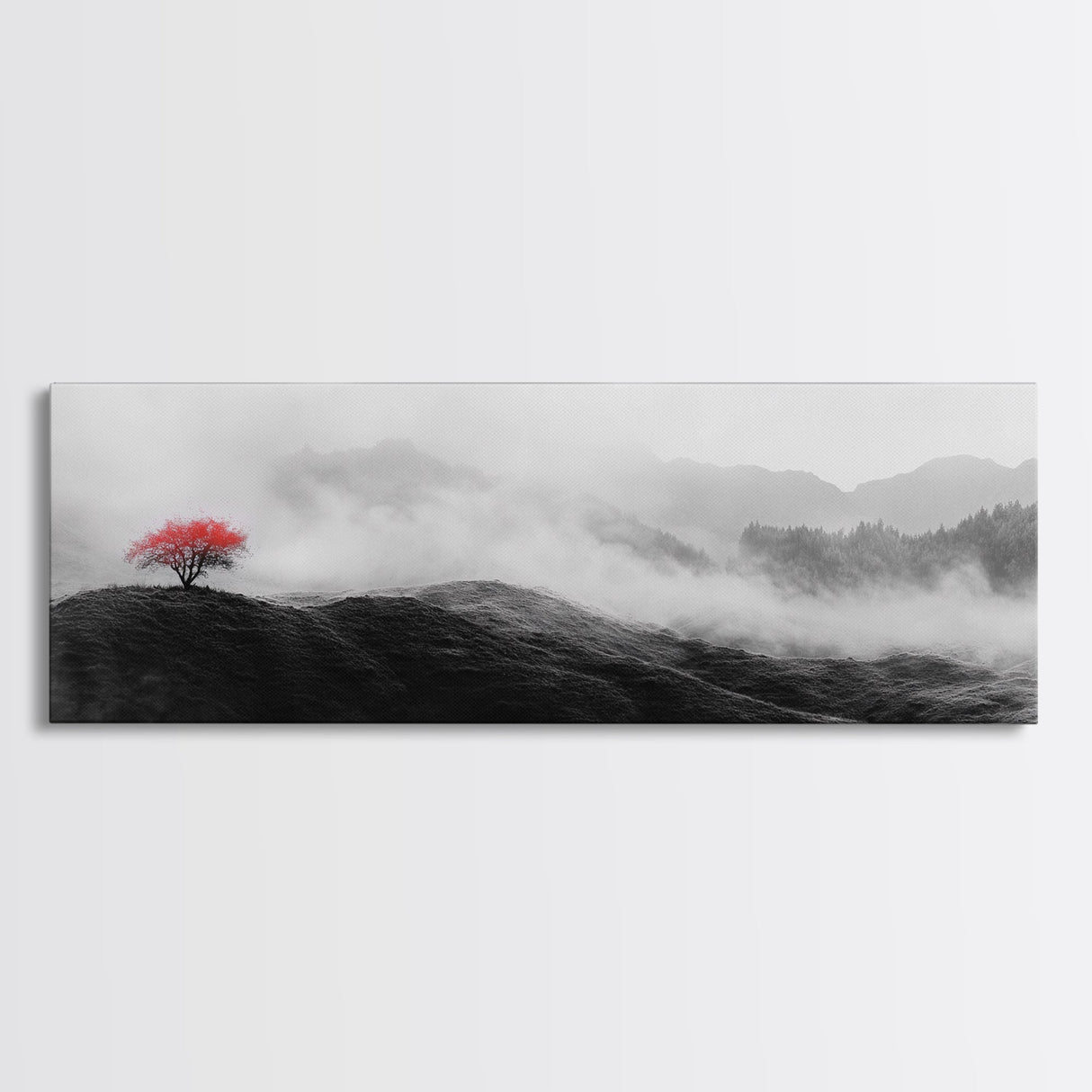 Lone Red Tree, Misty Hills, Minimalist Landscape, Framed Canvas Print, serene bedroom wall art, abstract black and white decor