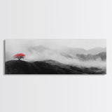Lone Red Tree, Misty Hills, Minimalist Landscape, Framed Canvas Print, serene bedroom wall art, abstract black and white decor