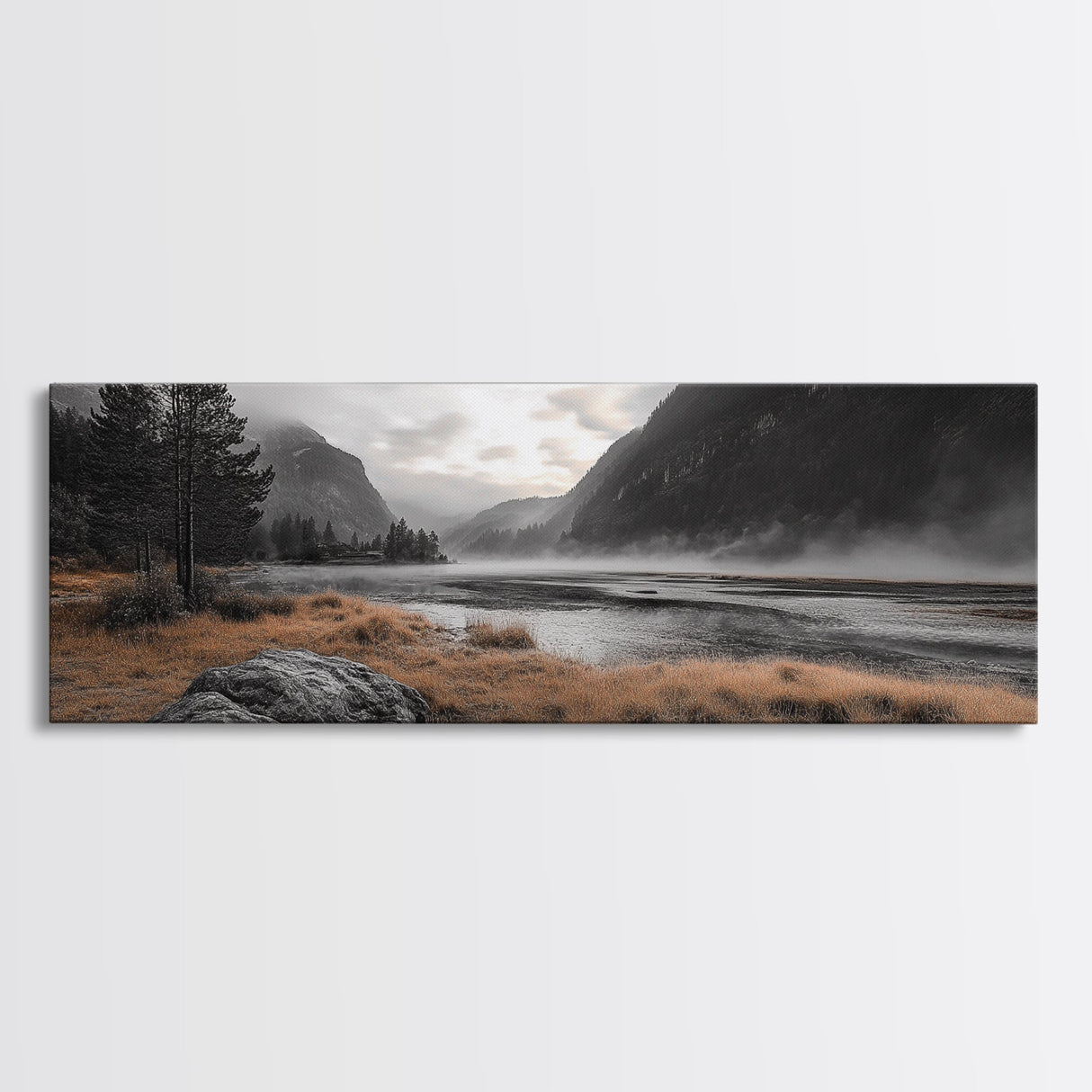 Misty Lake, Mountain Valley, Autumn Morning, Canvas Print, peaceful wilderness scene, rustic cabin decor, cozy nature artwork