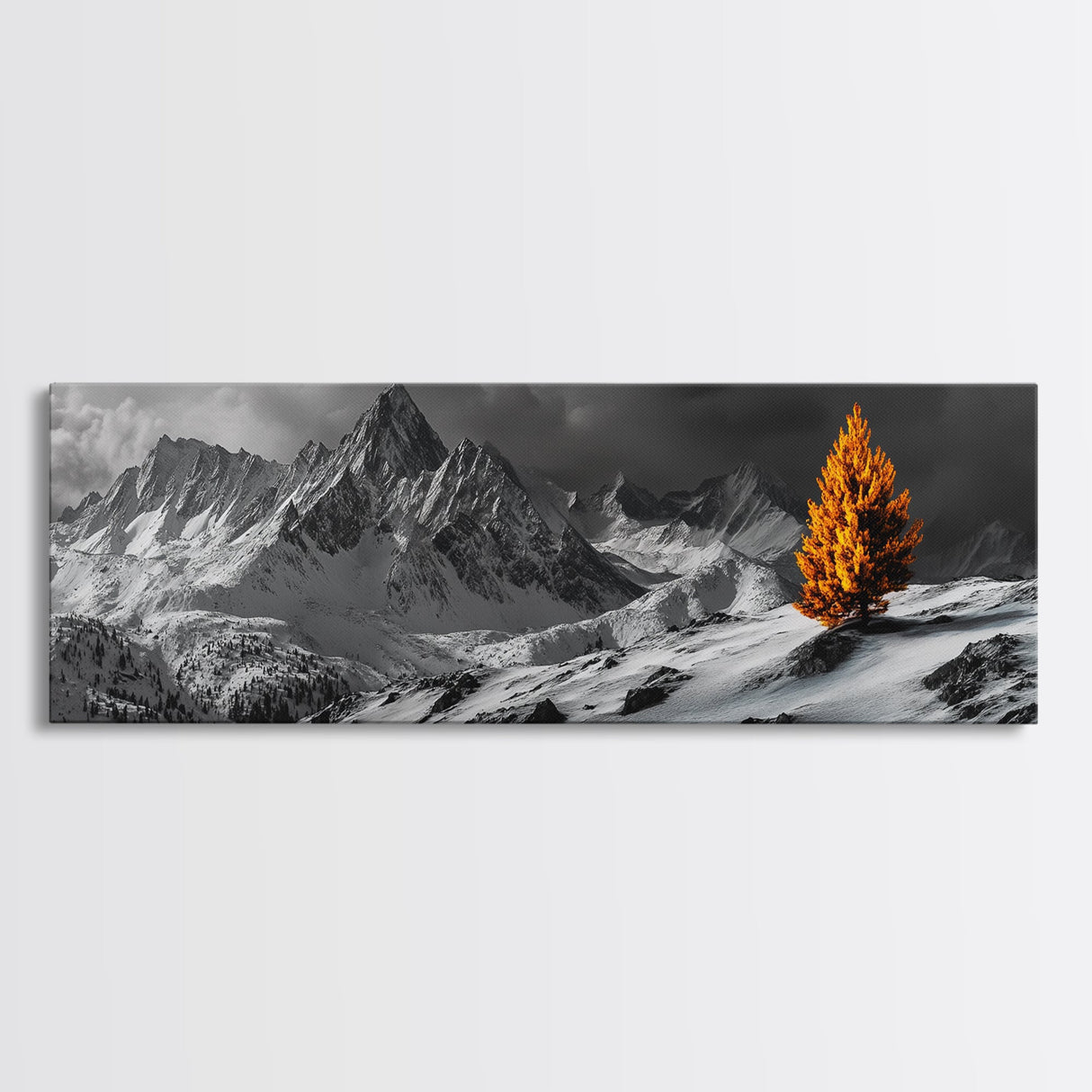 Lone Golden Tree, Snowy Mountains, Dramatic Sky, Canvas Print, Winter Wall Art, Moody Landscape, Minimalist Home Decor