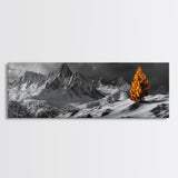 Lone Golden Tree, Snowy Mountains, Dramatic Sky, Canvas Print, Winter Wall Art, Moody Landscape, Minimalist Home Decor