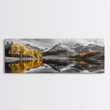 Yellow Autumn Forest, Lake Reflection, Black White Mountains, Canvas Print, Rustic Wall Art, Living Room Nature Scene