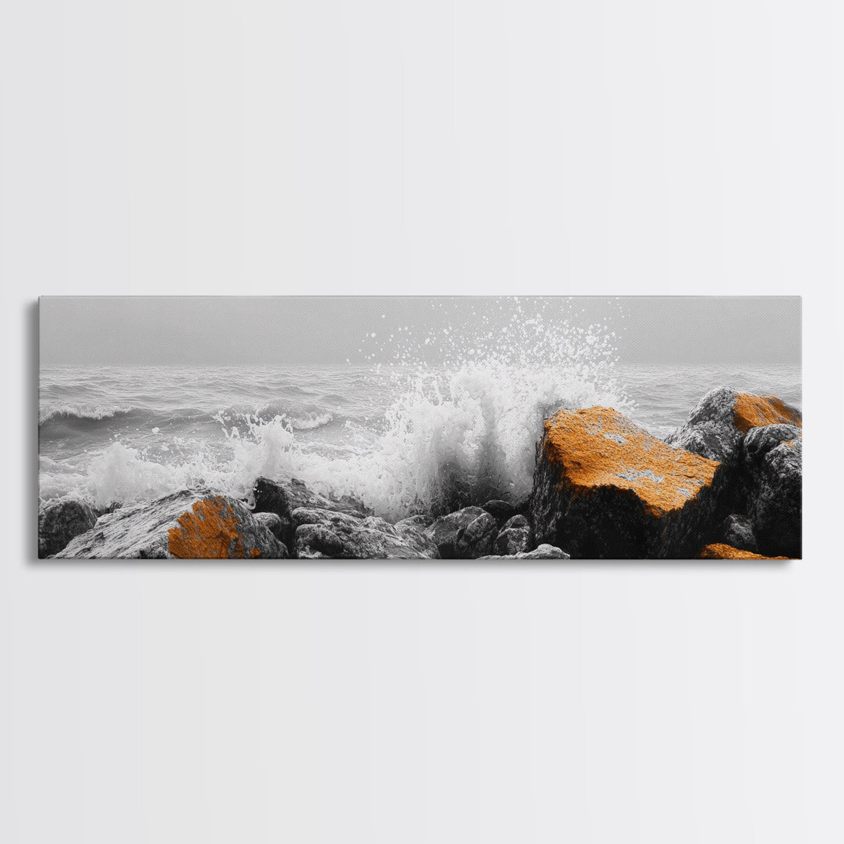 Orange Splash Rocks, Coastal Waves, Sea Spray Art, Canvas Print, Modern Beach Decor, Nature Wall Art, Bold Ocean Landscape