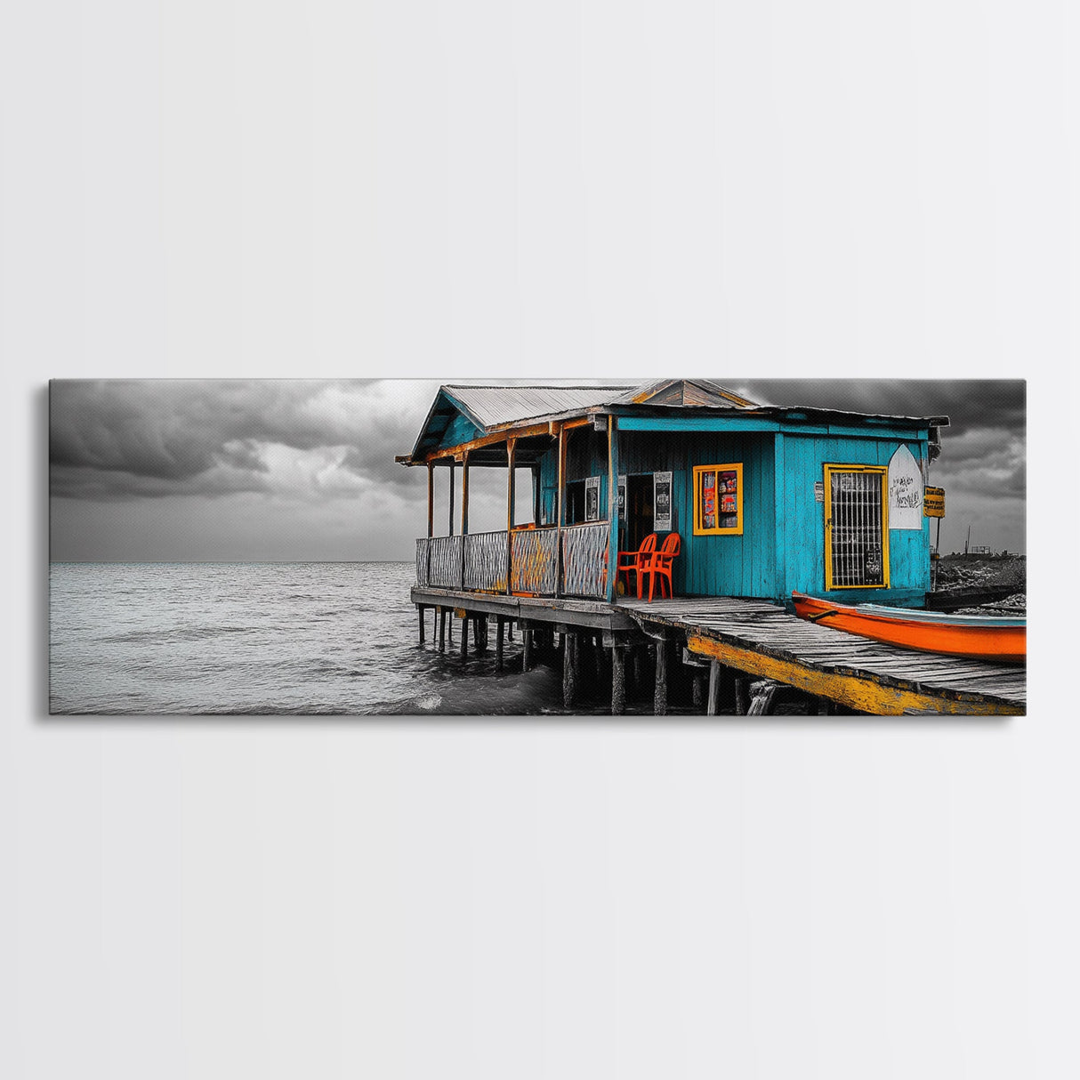 Rustic Shack, Ocean Pier, Stormy Skies, Tropical Retreat, Framed Canvas Print, Nautical Wall Art, Beach Cabin Decor, Lake House Style