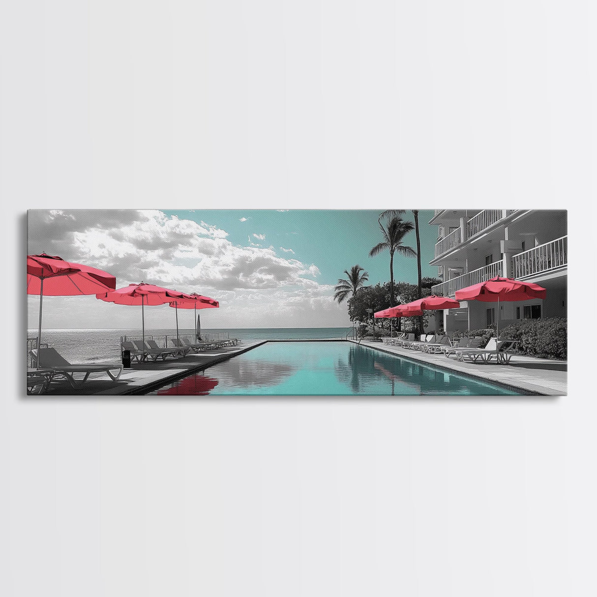 Poolside Escape, Beach Umbrellas, Luxury Retreat, Modern Resort, Framed Canvas Print, Vacation Vibes, Coastal Living, Bedroom Wall Art