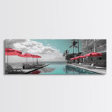 Poolside Escape, Beach Umbrellas, Luxury Retreat, Modern Resort, Framed Canvas Print, Vacation Vibes, Coastal Living, Bedroom Wall Art