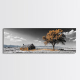 Prairie Cabin, Golden Tree, Rural Landscape, Open Sky, Framed Canvas Print, Country Decor, Farmhouse Wall Art, Rustic Bedroom Style