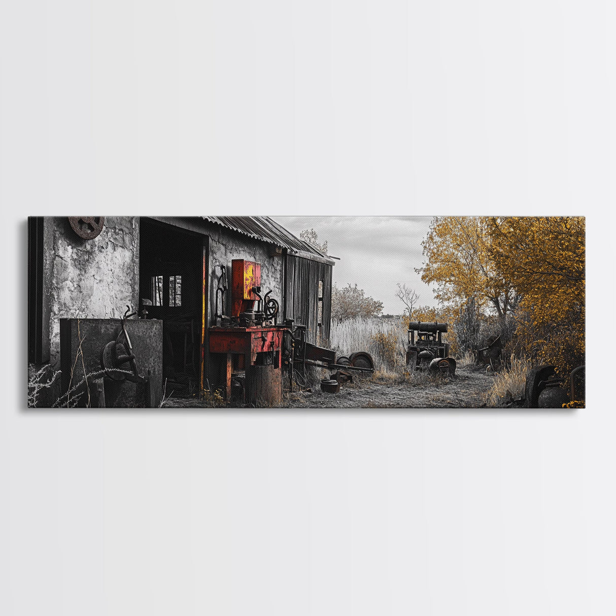 Abandoned Workshop, Rural Americana Scene, Autumn Landscape, Canvas Print, Farmhouse Decor, Rustic Fall Entryway or Garage Wall Art