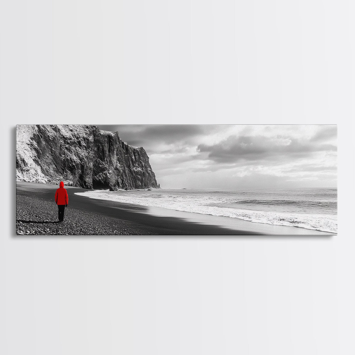 Red Jacket Wanderer, Moody Coastal Cliff Scene, Monochrome Photography, Framed Canvas Print, Modern Minimalist Office Wall Art