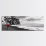 Red Jacket Wanderer, Moody Coastal Cliff Scene, Monochrome Photography, Framed Canvas Print, Modern Minimalist Office Wall Art