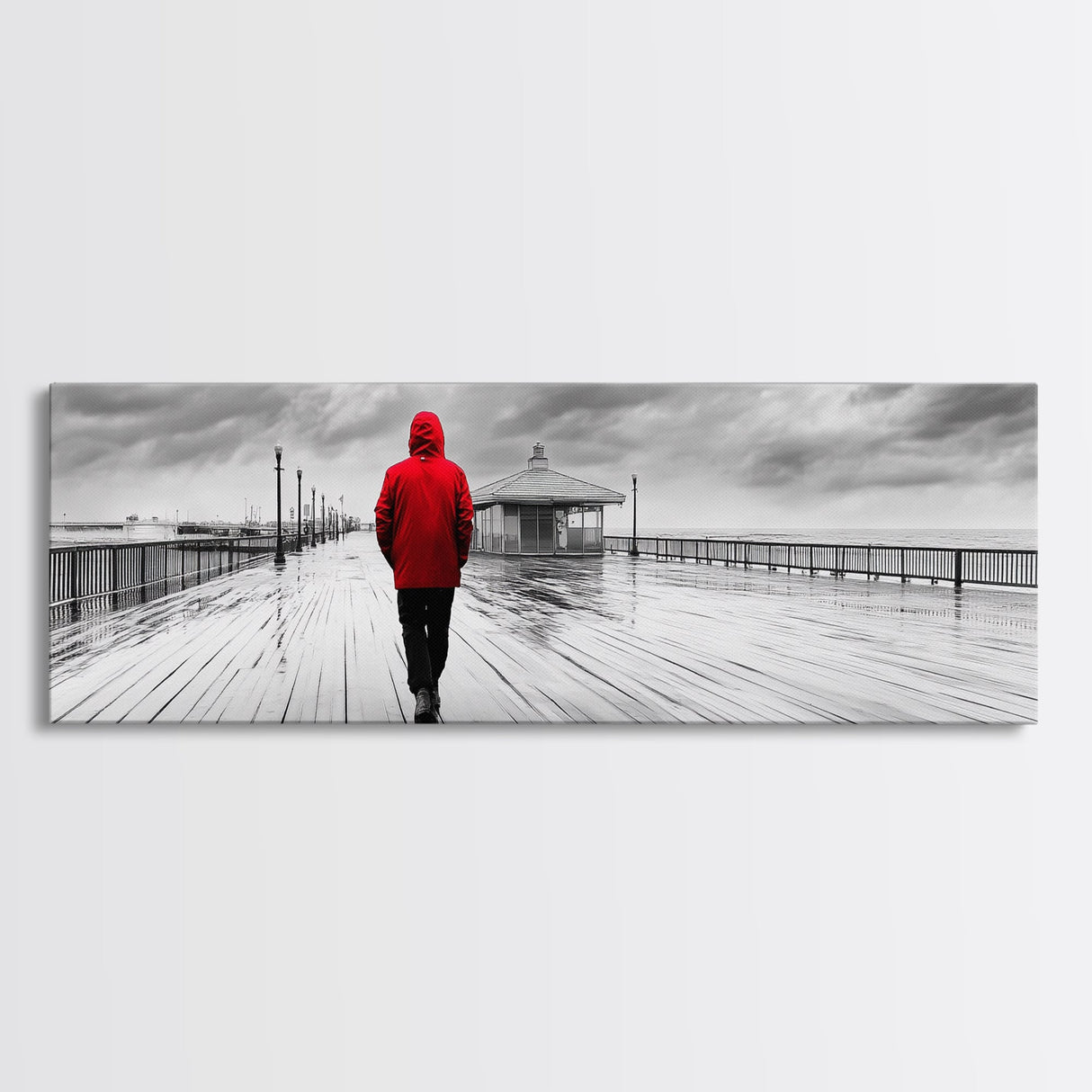 Red Jacket Walk, Rainy Boardwalk Scene, Urban Solitude, Moody Landscape Photography, Canvas Print, Entryway Wall Art, Minimalist Decor