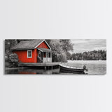 Lakeside Cabin Red, Boat House Retreat, Serene Waterfront, Autumn Color Pop, Canvas Print, Cozy Living Room Wall Art, Nature Home Decor