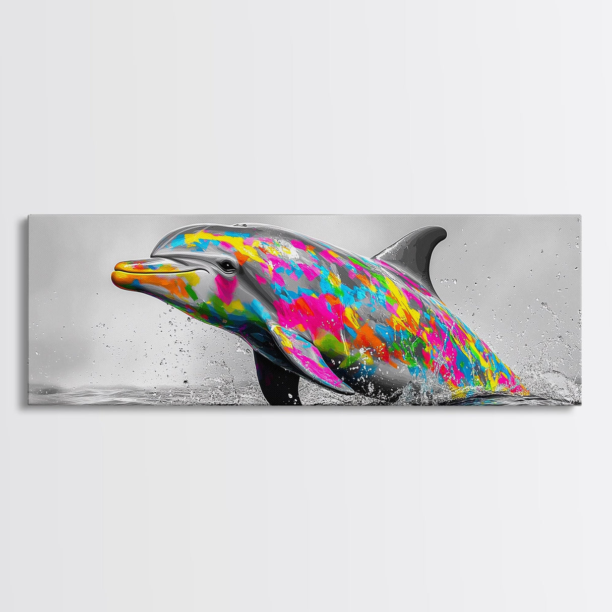 Rainbow Dolphin Splash, Colorful Ocean Animal, Vibrant Wildlife Art, Canvas Print, Coastal Kids Room Wall Art, Playroom Nautical Decor