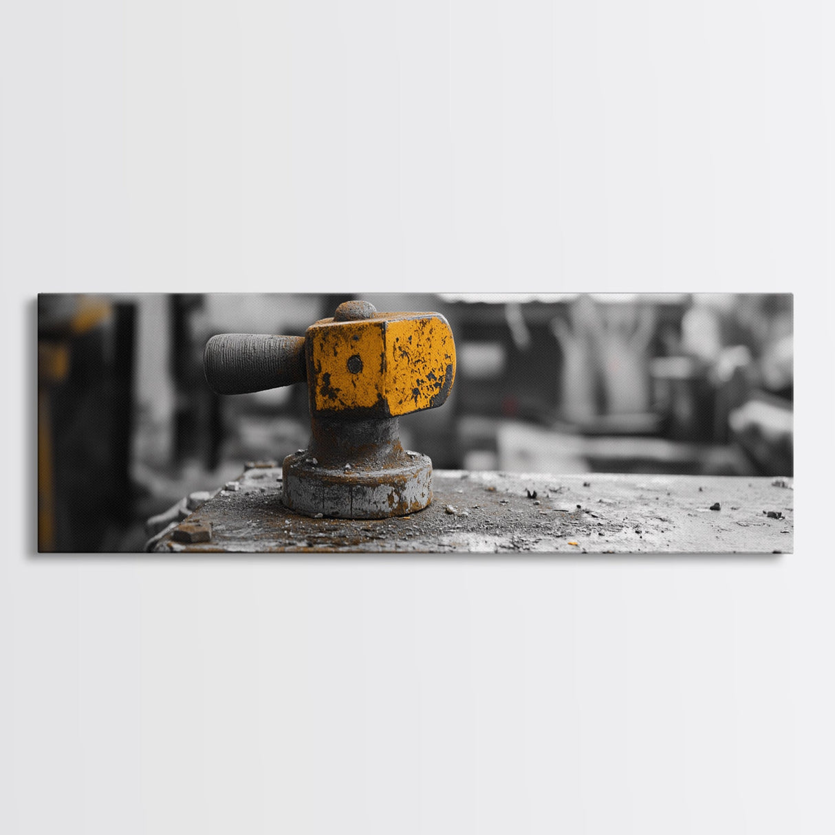 Yellow Metal Lever, Industrial Machine Detail, Workshop Photography, Gritty Rustic Vibe, Canvas Print, Garage Wall Art, Urban Loft Decor