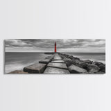 Red Lighthouse Coast, Seaside Rock Jetty, Stormy Sky Mood, Nautical Beacon View, Canvas Print, Bathroom Wall Art, Coastal Modern Decor