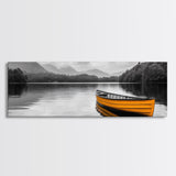 Golden Canoe, Lake Reflection, Tranquil Water, Adventure Scene, Canvas Print, Minimalist Wall Art, Bedroom Landscape, Cabin Decor