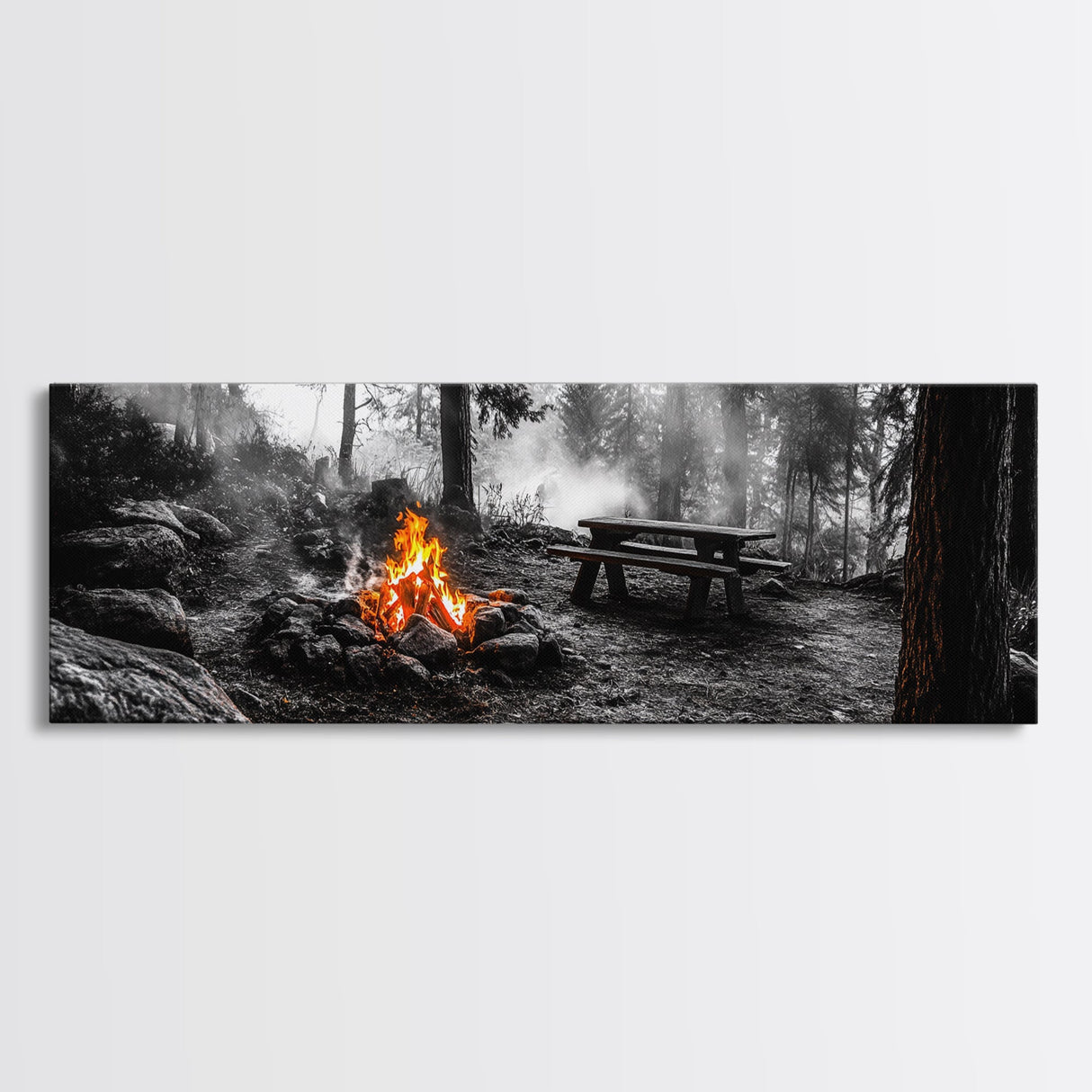 Forest Firepit, Picnic Spot, Smoky Trees, Nature Flame, Canvas Print, Fall Wall Art, Camping Cabin Decor, Rustic Outdoor Style