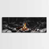 Stone Circle, Night Fire, Forest Blaze, Cozy Gathering, Canvas Print, Wilderness Wall Art, Fall Camping Decor, Rustic Cabin Style