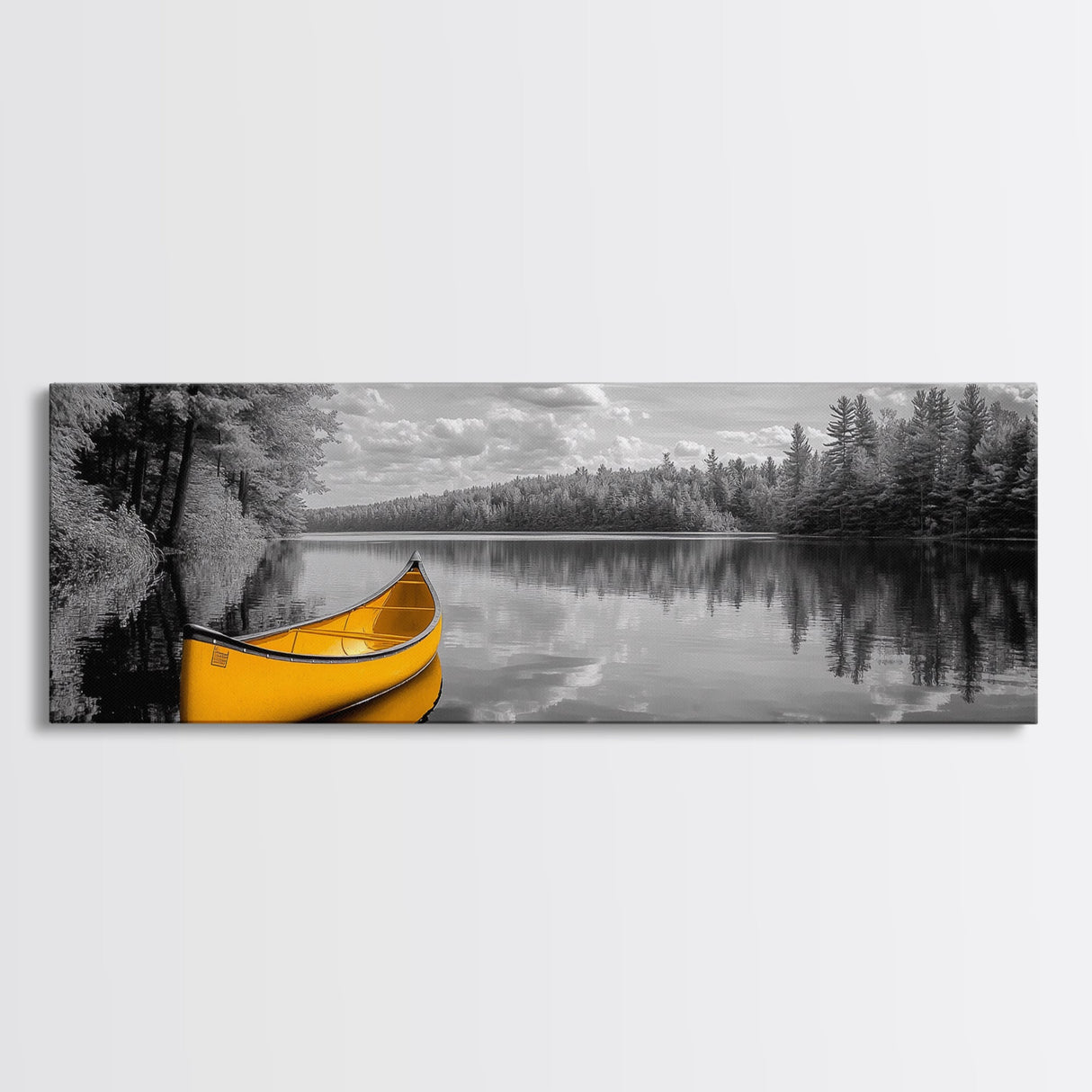 Yellow Canoe, Calm Lake, Reflection Art, Nature Landscape, Adventure Decor, Canvas Print, Rustic Wall Art, Cabin Decor, Lakehouse Art
